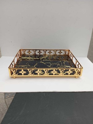 Peramari Dekoratif Dikdörtgen Krom Metal Cam Sunum Tepsisi Gold