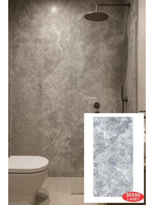 Renkli Duvarlar 60x30cm Shiny Soft Gri Mermer Desenli Yapışkanlı Mutfak Banyo Kaplama Duvar Paneli Kağıdı CF-101