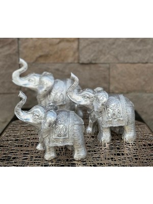 Peramari Dekoratif Polyester Üçlü Fil Biblo Gümüş