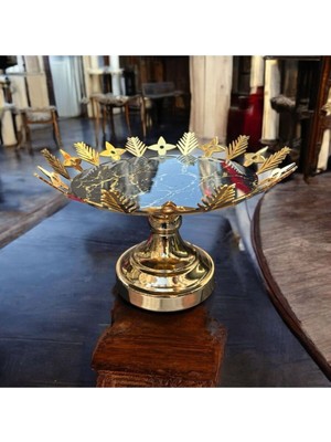 Peramari Dekoratif Krom Cam Mermer Desenli Yuvarlak Meyve Sunum Tepsisi Gold 2