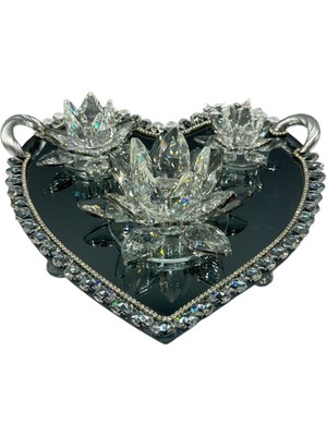 Peramari Dekoratif Kristal Cam Dörtlü Kalp Tepsi Lotus Mumluk Seti Gümüş