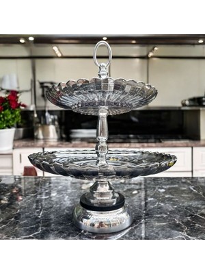 Peramari Dekoratif Metal Cam Iki Katlı Sunumluk Gümüş