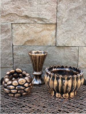 Peramari Dekoratif Polyester Üçlü Vazo Set Bakır Siyah Eskitme