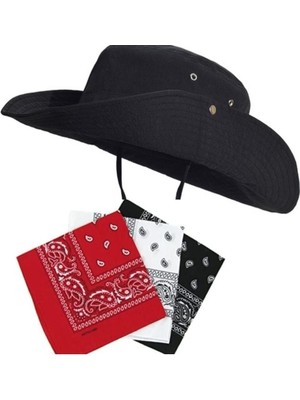 Rupen Kraft Yazlık Safari Fötr Cotton Kovboy Şapkası 3 Adet Bandana Kombinli