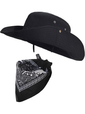 Rupen Kraft Yazlık Katlanabilir Safari Fötr Kovboy Şapkası Cotton Bandana Kombinli