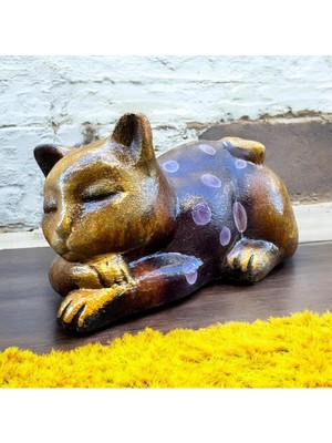 Peramari Dekoratif Polyester Uyuyan Kedi Biblo Sarı Kırmızı