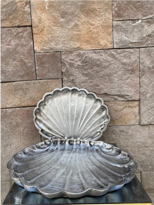 Peramari Dekoratif Polyester Ikili Istiridye Tepsi Sunumluk Gümüş