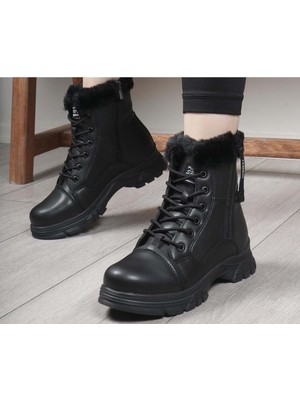 Ayakcity Çocuk Günlük Içi Kürklü Bağcıklı Fermuarlı Rahat Bot  - Siyah - 31
