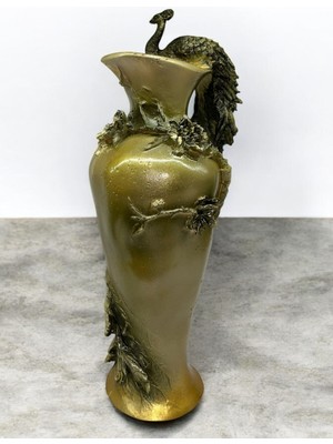 Peramari Dekoratif Polyester Tavus Kuşlu Vazo Haki Yeşil Gold