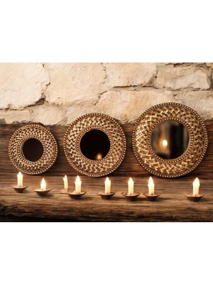 Peramari Dekoratif Polyester Yuvarlak Hasırlı Üçlü Ayna Takımı Gold Eskitme