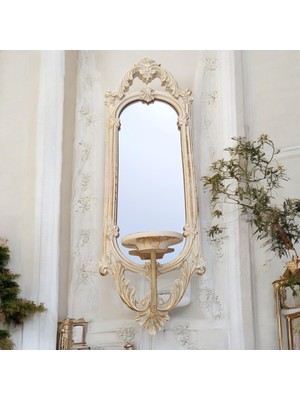 Peramari Dekoratif Polyester Tekli Niş Dikdörtgen Aynalı Mumluk Takımı Krem Eskitme