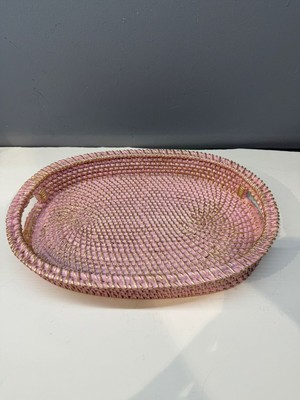 Peramari Dekoratif Polyester Hasır Tepsi Pembe-Gold Eskitme