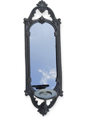 Peramari Dekoratif Polyester Tekli Niş Dikdörtgen Aynalı Mumluk Takımı Antrasit Koyu Gri