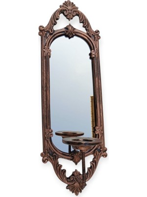 Peramari Dekoratif Polyester Tekli Niş Dikdörtgen Aynalı Mumluk Takımı  Bakır Eskitme