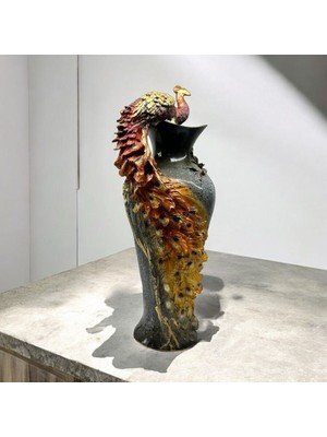 Peramari Dekoratif Polyester Tavus Kuşlu Vazo Turuncu Sarı Gri