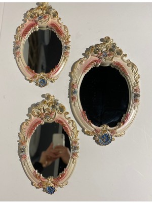 Peramari Dekoratif Polyester Üçlü Ayna Takımı Krem-Mavi-Pembe-Altın Eskitme