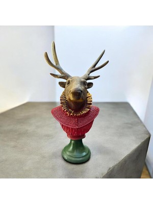 Peramari Dekoratif Polyester Tekli Geyik Başı Biblo Kırmızı Yeşil