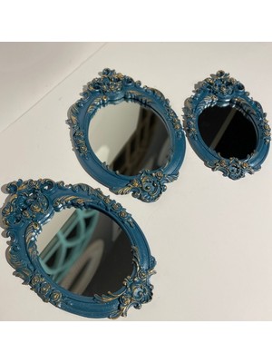 Peramari Dekoratif Polyester Üçlü Ayna Takımı Turkuaz-Altın Eskitme