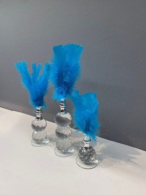 Peramari Dekoratif Kristal Cam Üçlü Tüy Deniz Mavisi -Gümüş