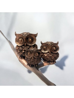 Peramari Dekoratif Polyester Üçlü Baykuş Biblo Set  Bakır Eskitme