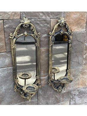 Peramari Dekoratif Polyester Ikili Niş Dikdörtgen Aynalı Mumluk Takımı Gold Eskitme