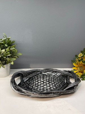 Peramari Dekoratif Polyester Tekli Hasır Sunumluk Tepsi Gümüş Siyah Eskitme