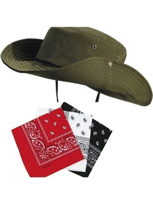Rupen Kraft Yazlık Safari Fötr Cotton Kovboy Şapkası 3 Adet Bandana Kombinli