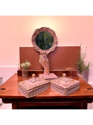 Peramari Dekoratif Polyester Takı Setli Makyaj Ayna Seti -Pembe Gold Eskitme
