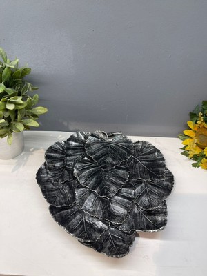 Peramari Dekoratif Polyester Tekli Yaprak Sunumluk Tepsi Gümüş Siyah Eskitme