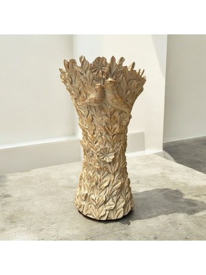 Peramari Dekoratif Polyester Kuşlu Dik Vazo Krem Eskitme 25 cm