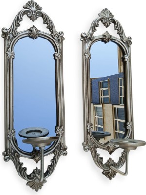 Peramari Dekoratif Polyester Ikili Niş Dikdörtgen Aynalı Mumluk Takımı Gümüş Sade