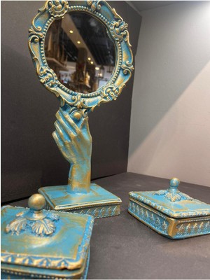 Peramari Dekoratif Polyester Takı Setli Makyaj Aynası Takımı Turkuaz-Gold Eskitme