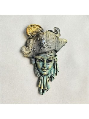 Peramari Dekoratif Polyester Duvara Asmalı Kadın Korsan Yüz Maske Tablo Gri Turkuaz