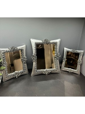 Peramari Dekoratif Polyester Üçlü Kare Ayna Takımı Gümüş Eskitme