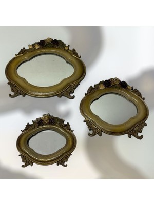 Peramari Dekoratif Polyester Oval Çiçekli Üçlü Ayna Takımı Krem