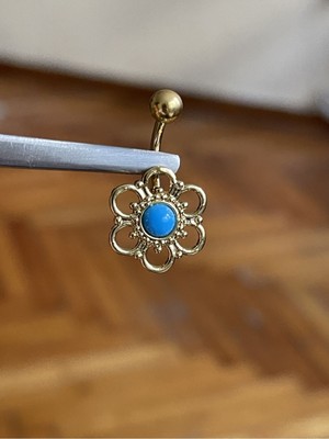 Rupen Kraft 316 L Cerrahi Çelik Gold Rengi Yonca Model Mavi Taşlı Göbek Piercingi