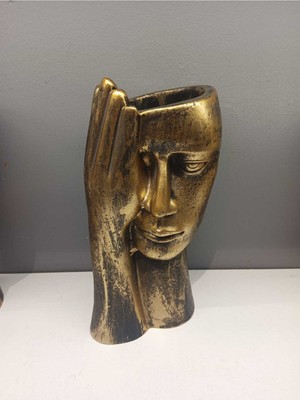 Peramari Dekoratif Polyester Tekli Kadın Yüzlü Saksı Vazo Gold Eskitme