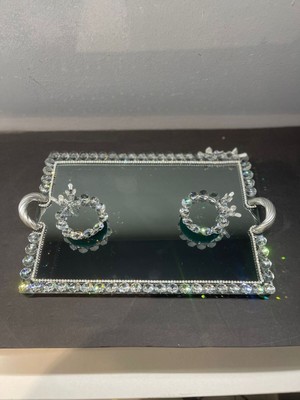 Peramari Dekoratif Kristal Cam Ayna Dikdörtgen Sunum Tepsisi Gümüş