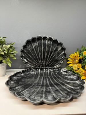 Peramari Dekoratif Polyester Ikili Istiridye Tepsi Sunumluk Gümüş Siyah Eskitme