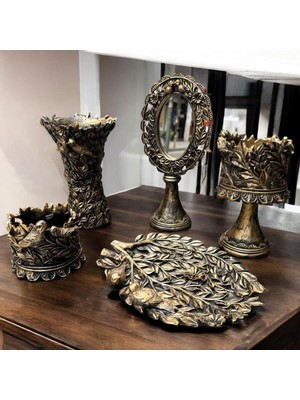 Peramari Dekoratif Polyester Kuşlu Beşli Salon Konsol Seti Gold Eskitme