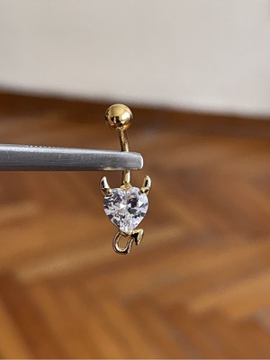 Rupen Kraft 316 L Cerrahi Çelik Gold Şeytan Kalpli Şeffaf Taşlı Göbek Piercingi