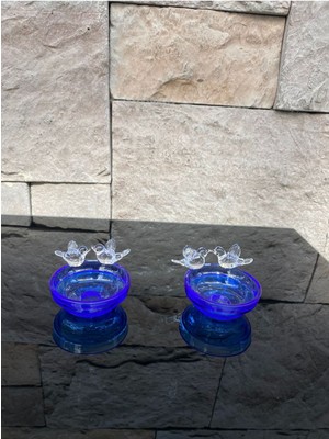 Peramari Dekoratif Kristal Cam Renkli Kuşlu Ikili Sunumluk Mavi