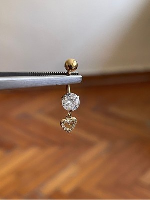 Rupen Kraft 316 L Cerrahi Çelik Kalp Detaylı Göbek Piercingi Zirkon Taşlı Kalp