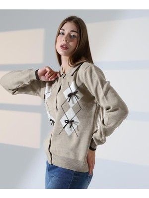 Baklava Desen Polo Yaka Kadın Kazak