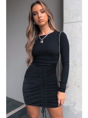Hazego Kadın Uzun Kollu Bisiklet Yaka Ön Büzgülü Kaşkorse Elbise