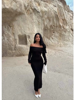 Etiler Collection Madonna Yaka Esnek Kumaş Elbise Siyah