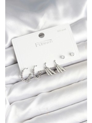 Kahsen Store Pirinç Gümüş Renk Zirkon Taşlı 925 Gümüş Çivili Kadın Küpe Seti