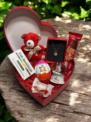 Kırmızı Kalpli Hediye Kutusu – Çelik Kolye, Işıklı Kar Küresi, Peluş Ayıcık ve Sürprizler
