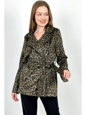 Meros Atelier Zr Model Leopar Desenli Süet Cepli ve Kemerli Trençkot