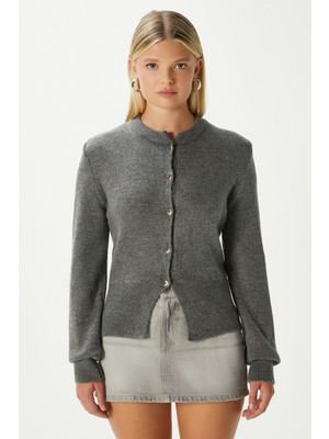 Ritnice Kadın Donna Yumuşak Dokulu Kalp Düğmeli Antrasit Triko Hırka